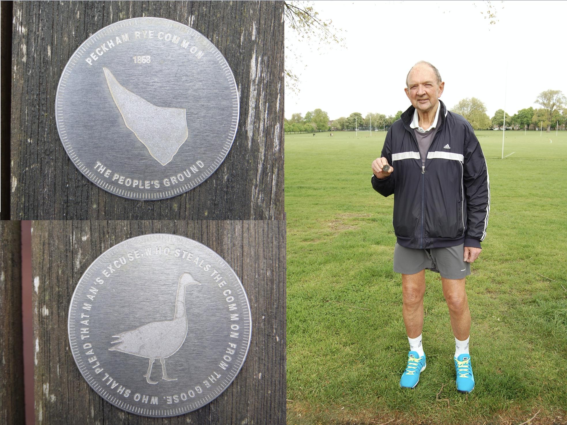 Two sides of a metal token with a map on one side and goose on the other